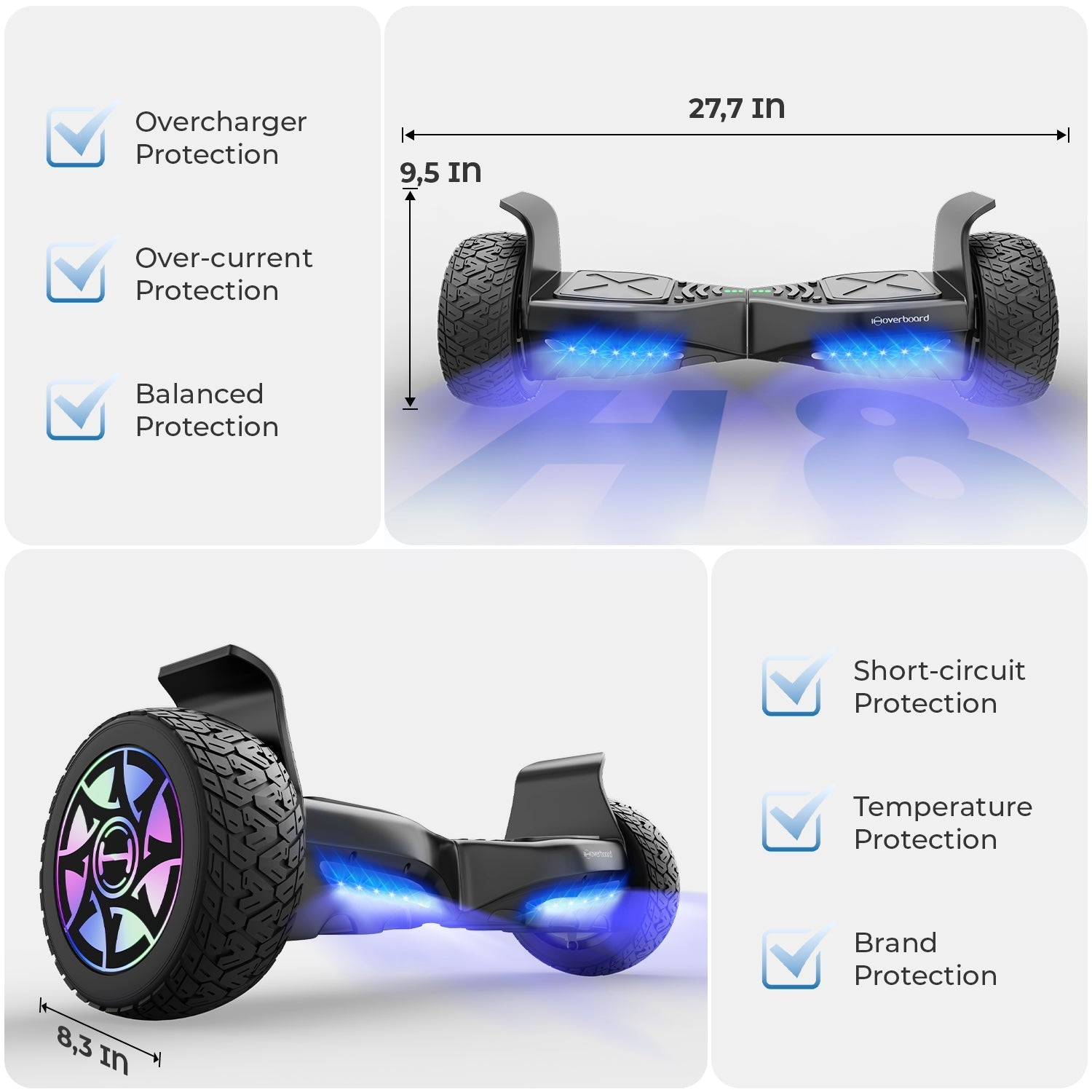 H8 8.5" All-Terrain Hoverboard with Bluetooth Music & LED Lights Self-Balancing